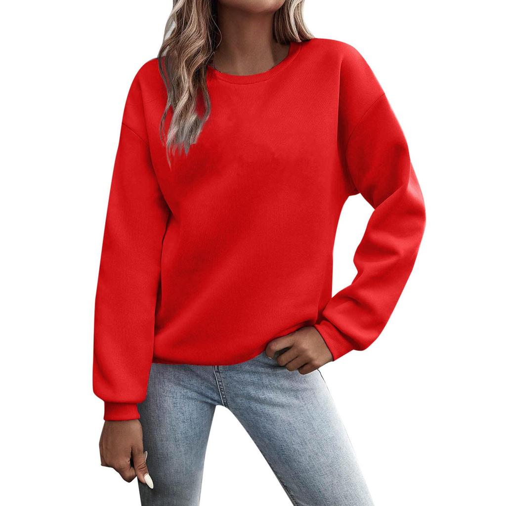 Women's European and American Loose Fit Round Neck Solid Sweatshirt - Autumn/Winter Plus Velvet Long Sleeve Casual Sports Top