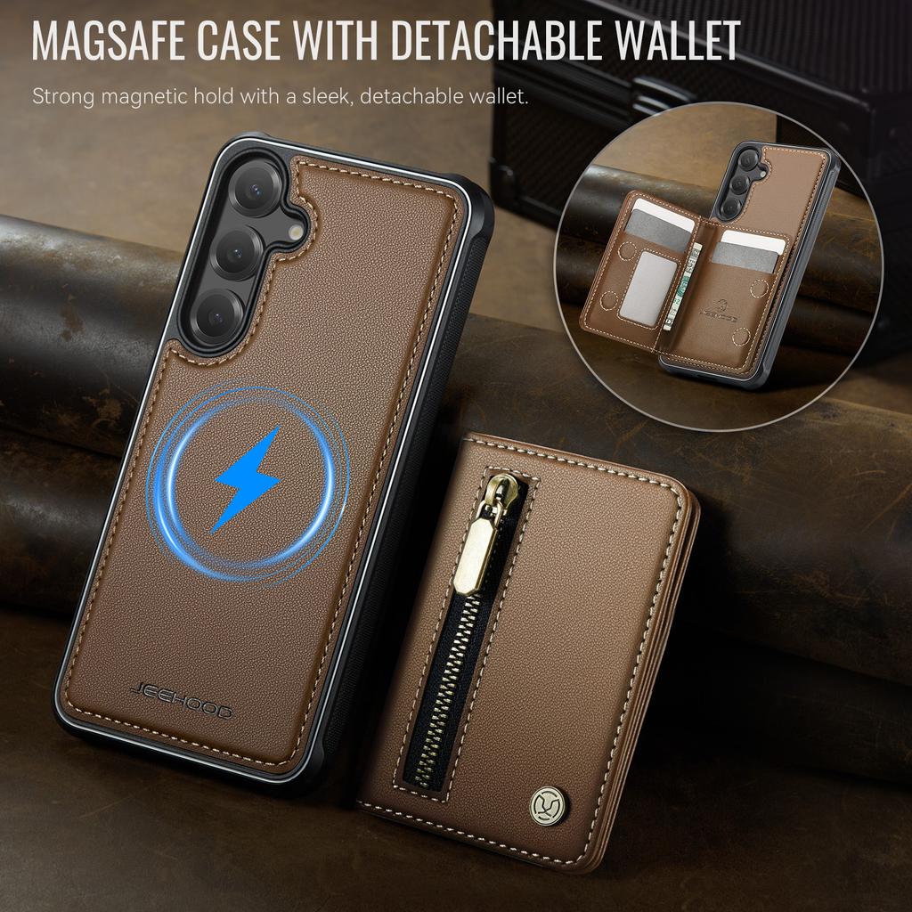 For Samsung Galaxy S25 Case JEEHOOD J12 Magnetic Detachable Zipper Wallet Kickstand Leather Back Cover Magnetic Case