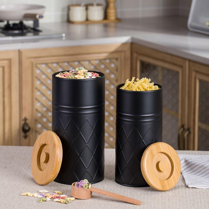 Set Bamboo cover storage bucket Food grade storage box Kitchen coffee tea bag Candy reticulated metal sealed jar