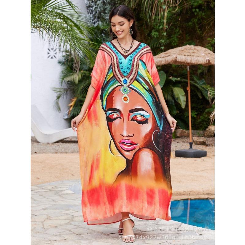 Плюс Размер Женщин Новый Принт Пляжный Свободный Праздничный Платье Бикини Накидка