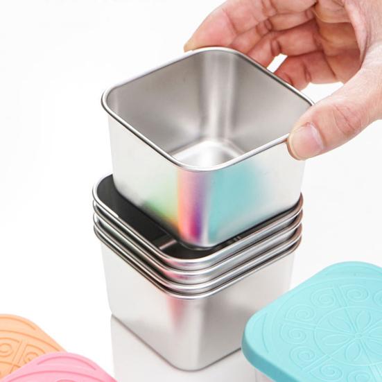 Чашка для соуса из нержавеющей стали с силиконовой крышкой Герметичный квадратный контейнер для закусок для детей Не содержащий БФА Штабелируемый ланч-бокс для школы пикника