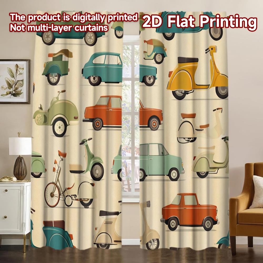 2D FLAT PRINTING 2pcs Curtains (Without Rod) Retro Cars and Scooters Popular Curtains&Drapes 100% Polyester Curtains Art Deco