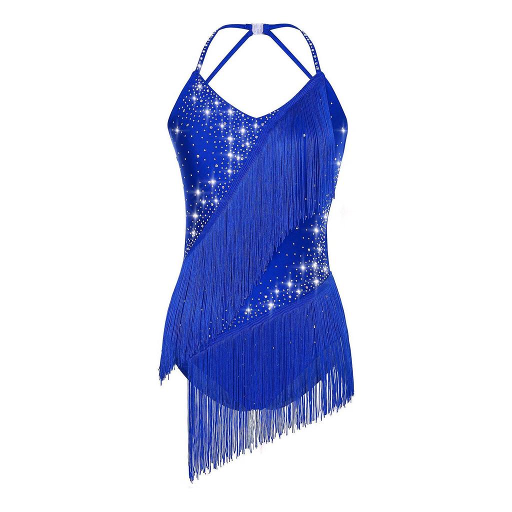 Womens Latin Dance Leotard Sleeveless Halter Neck Rhinestone Tassels Backless Competition Costume