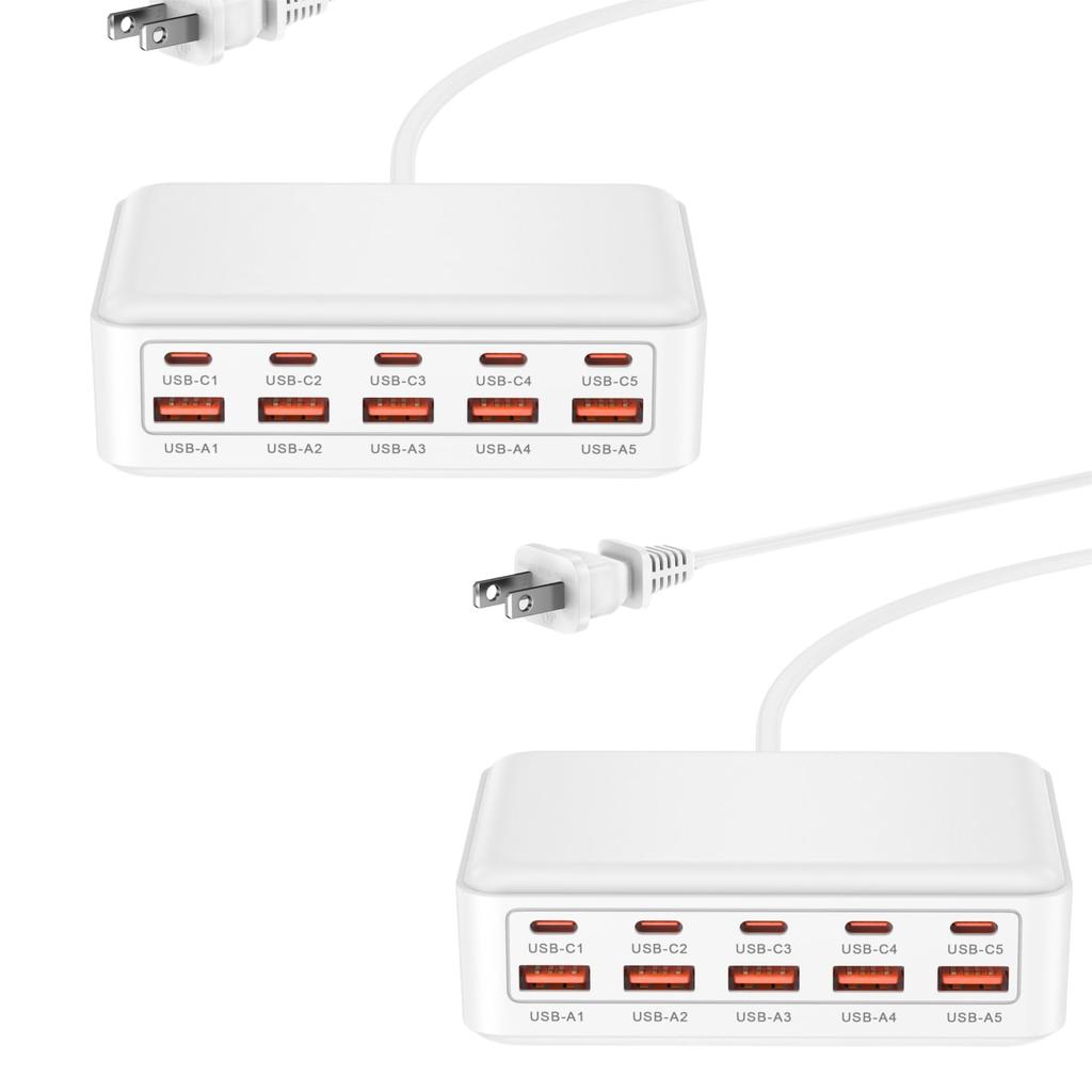 USB-зарядное устройство с 5 портами USB-C и 5 портами USB-A, общая мощность 70 Вт, 10 портов, модель 2025 года, быстрая зарядка, адаптер переменного тока, совместимо со смартфонами и планшетами
