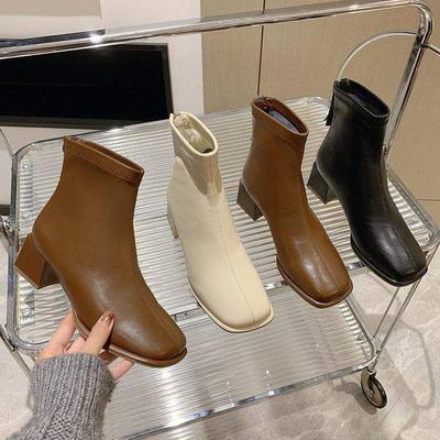 Французские короткие ботинки женские 2025 новые весенне-осенние одинарные ботинки толстый каблук высокий каблук ботильоны квадратный носок тонкие ботинки маленькие ботинки Мартин