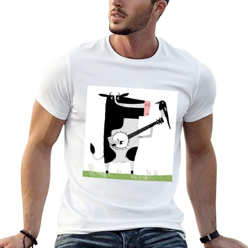 Banjo Cow with magpie T-Shirt t shirts for man graphic vintage man t shirt luxury t shirts desi