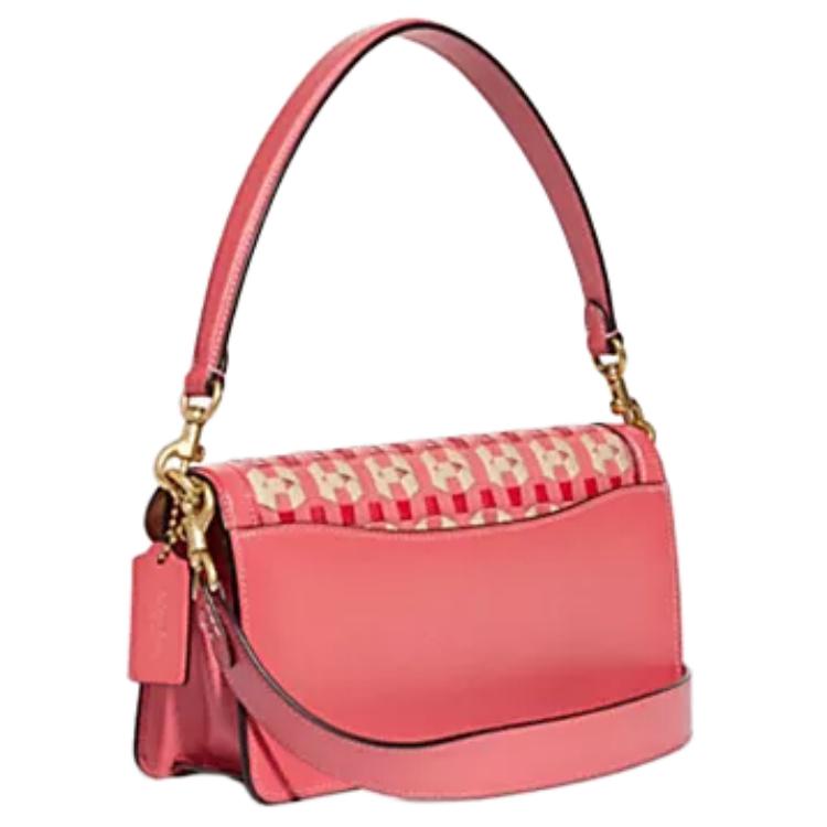 Coach Tabby 26 C Logo Buckle Flap Color Block Woven Leather Shoulder Clutch Crossbody Bag Medium Women Bags Bright-Coral CB847-B4P48
