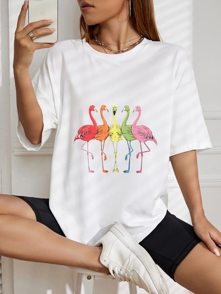 Oversized T Shirt White Flamingo Print Summer Casual Wear