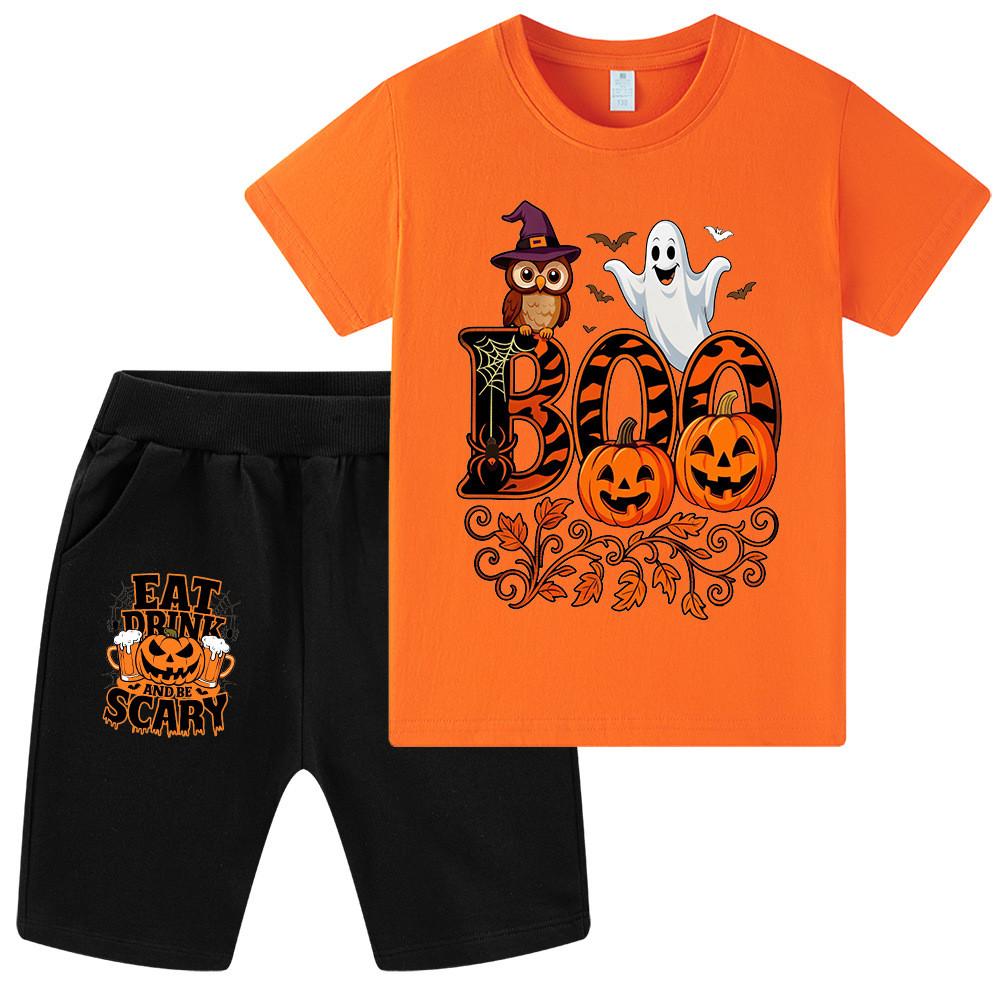 WA1649 Kids Boys Girls Halloween Owl Ghost Print Short Sleeves T-shirt Shorts Sets