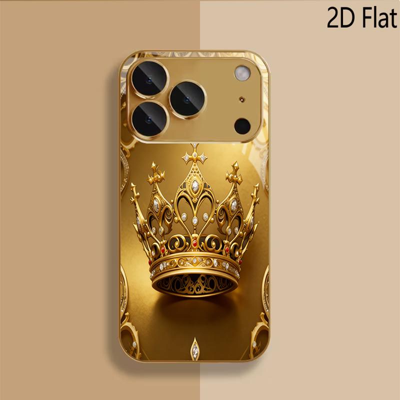 Дизайн закаленного стекла с узором "Золотая корона" для iPhone 16 17 Pro Max 15 14 13 12 11 Pro Max Чехол для телефона Защитная крышка камеры Ударопрочный Жесткий B