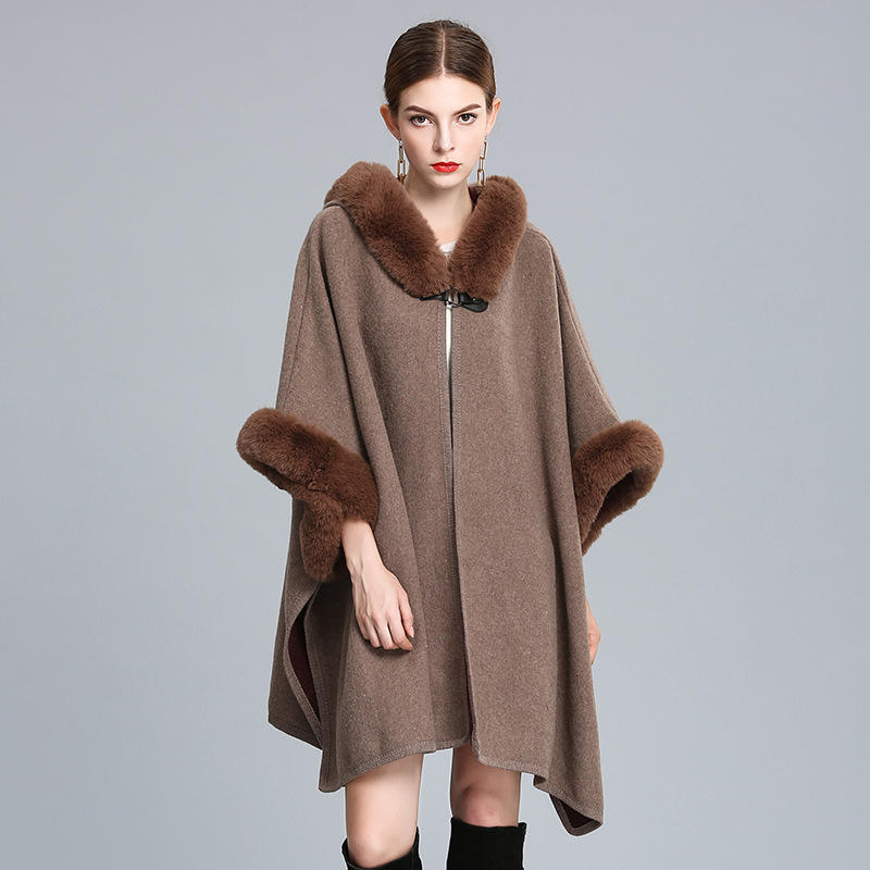 Autumn Winter Hooded Shawl Cape Imitation Wool Woolen Loose Ponchos Capes Cloak