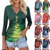 Women's Casual Fashion Sexy Comfortable Christmas Print V-Neck Button Three-quarter Sleeve Top