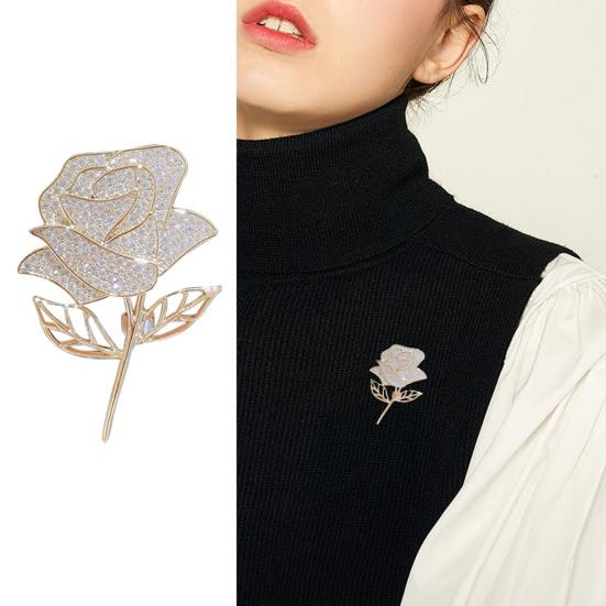 Women Brooch High-Gloss Rhinestone Inlay Sparkling Rose Flower Design Lapel Pin Non-Slip Buckle Zinc Alloy Scarf Badge