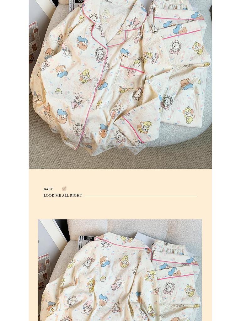 Милый пижамный комплект с принтом кота в японском стиле с длинными рукавами из хлопка для женщин - Весна/Осень