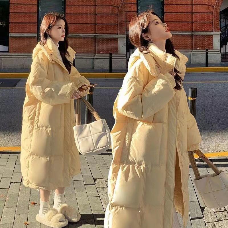 Womens Long Puffer Coat Soft Light Yellow Hooded Winter Jacket Loose Fit Petite