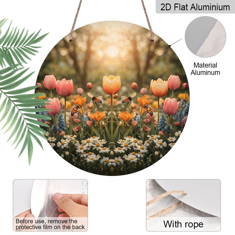 2D Flat Aluminum Tulip and Bee Wall Decor Rustic Garden Style 7.87 Inches X 7.87 Inches Perfect for Gardens, Farmhouses, Front Doors, Porches, and