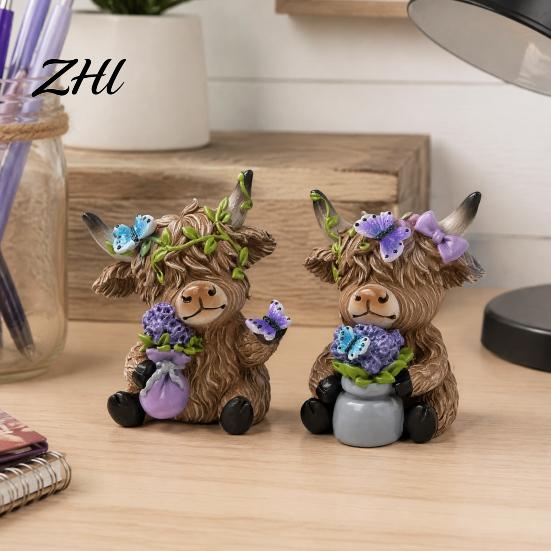 Small Round Decorative Pieces Lavender Highland Cow Resin Figurine, Cute Fluffy with Butterfly Bow & Floral Wreath, Waterproof Outdoor Patio Ornaments