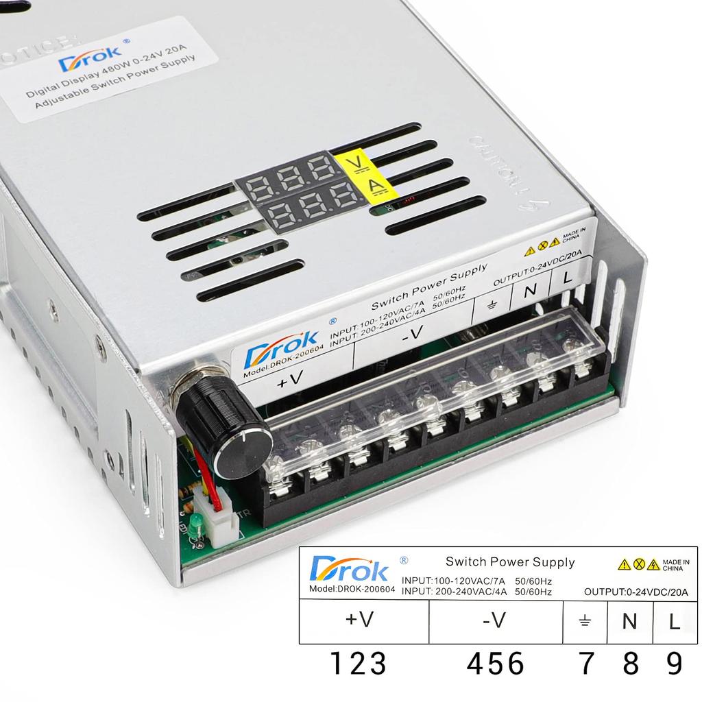 Импульсный источник питания DROK AC DC 20A 480W Регулируемый источник питания с стабилизацией напряжения и тока Преобразователь постоянного тока Преобразователь напряжения отключения при перегрузке