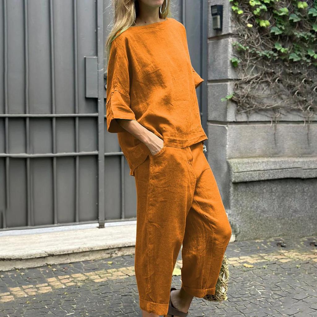 Весна/Лето Свободный хлопковый льняной жакет с высокой талией и брюки спортивный костюм для отдыха