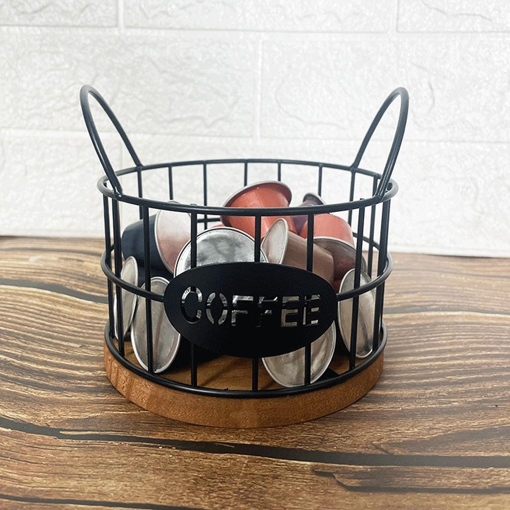 Coffee Pod Basket Round Iron Wire Storage Basket Large Capacity Coffee Capsule Holder with Wooden Ba