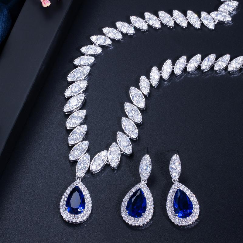 CMM 2PCS Engagement Water Drop Cubic Zirconia Pendant Necklace Set Earrings