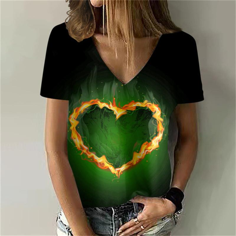 Versatile Sexy V-neck Women's T Shirt Flower 3D Print Summer Short Sleeve Fashion Street Harajuku Comfortable Ladies Tee Casual