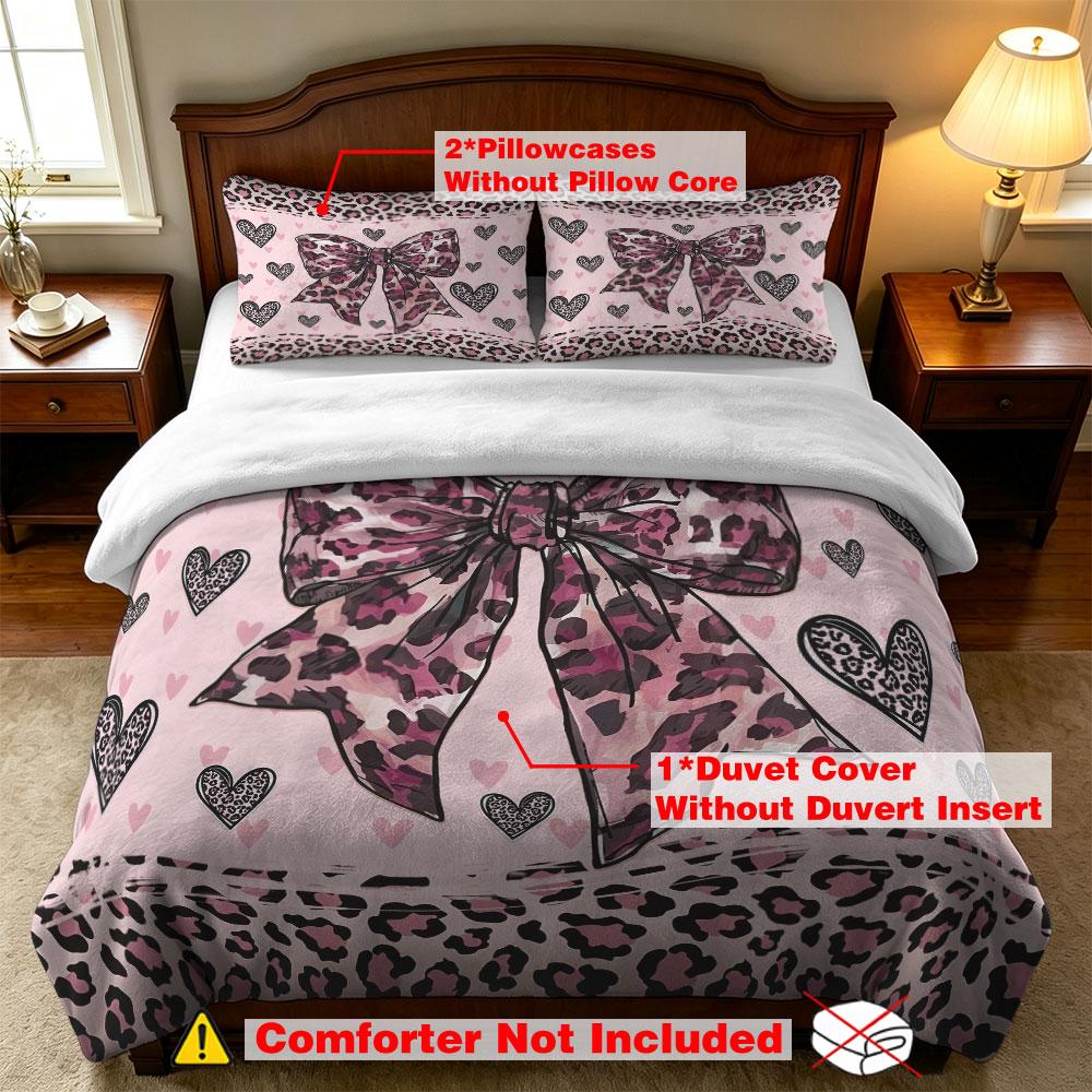 3PCS Pink Leopard Print Bow Heart Milk Velvet Bedding Set Soft Warm Winter Unfilled 1 Duvet Cover 2 Pillowcases Bedroom Home