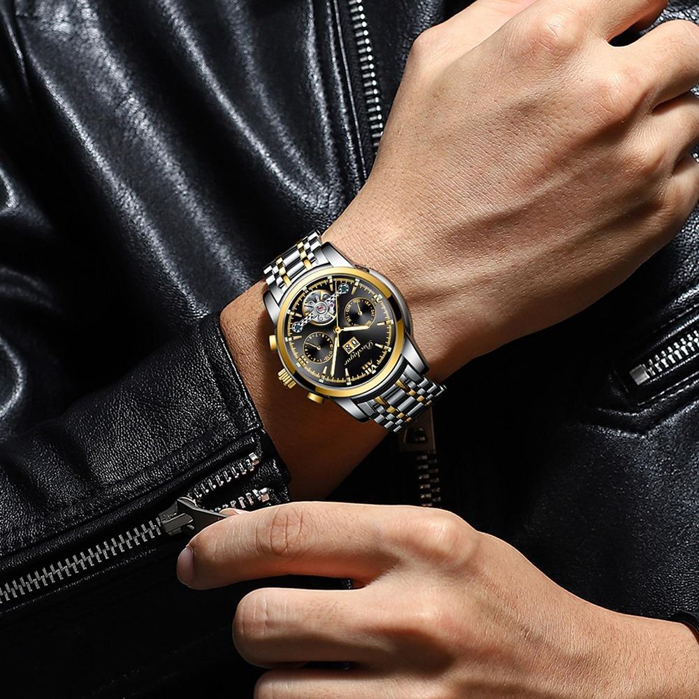 POEDAGAR Automatic Mechanical Watch Men Tourbillon Skeleton Wristwatch Calendar Week Display Leather Strap