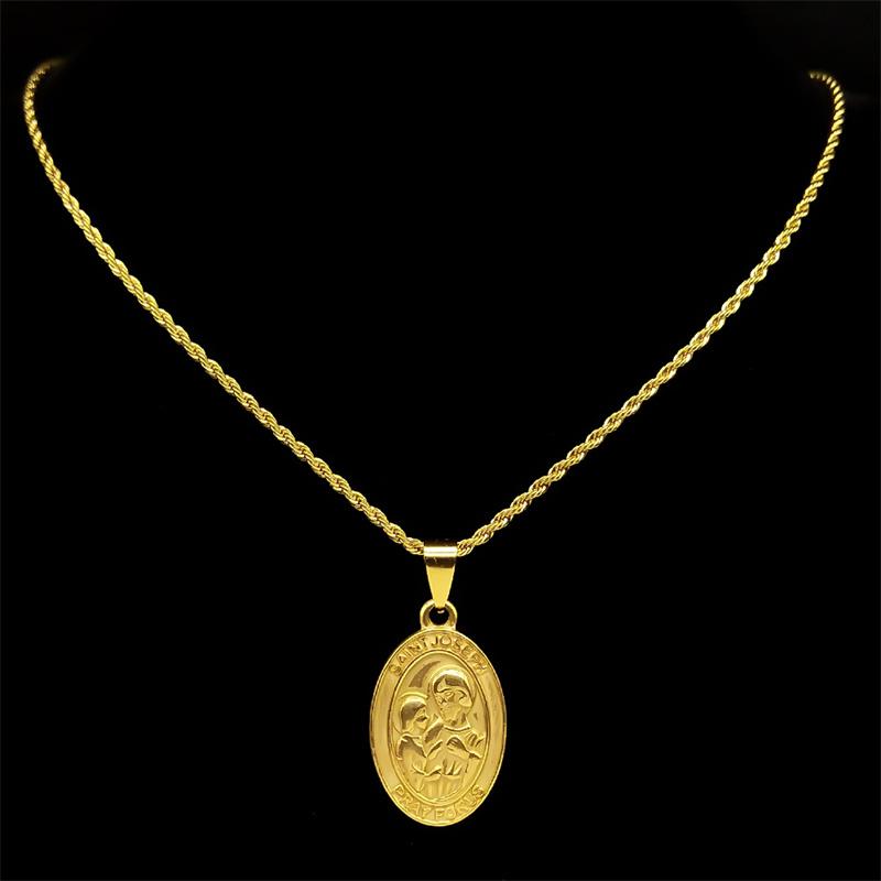 Saint Joseph Pray For Us Pendant Necklace Women Men Stainless Steel Gold Color Catholic Choker Chain Medal Jewelry Party Gift