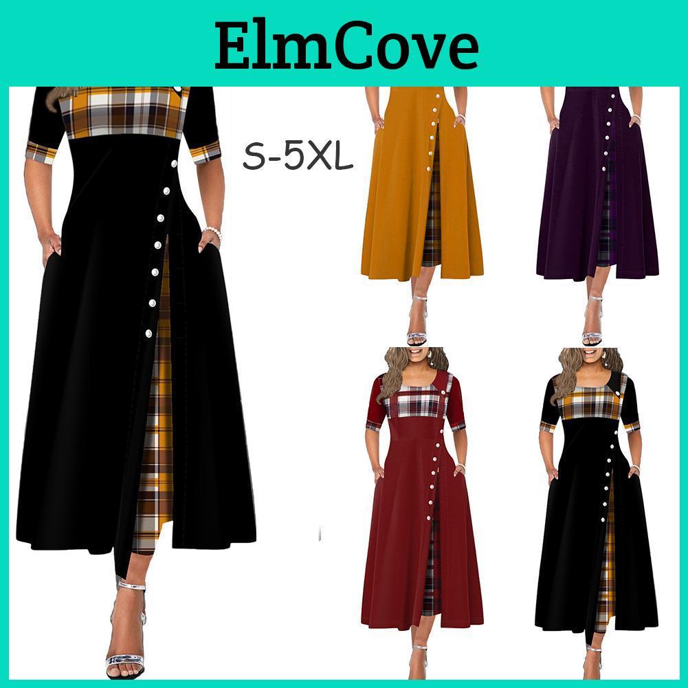 S5xl Plus Women Size O Neck Half Sleeve Stitching Plaid Irregular Hem Buttons Decor Maxi Dress