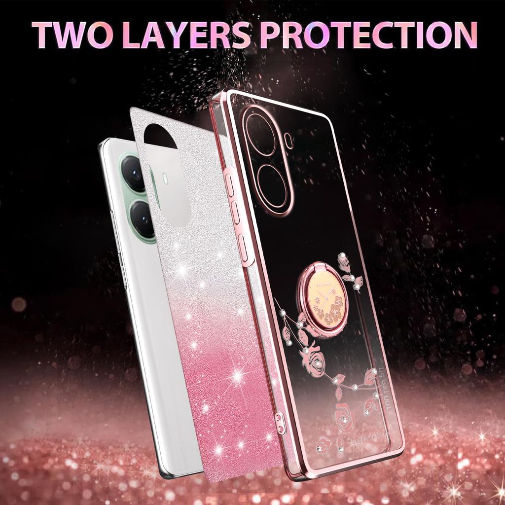 For Xiaomi Poco X7 Pro 5G/Redmi Turbo 4 5G Case Ring Kickstand TPU Flowers Phone Cover Gradient Glitter