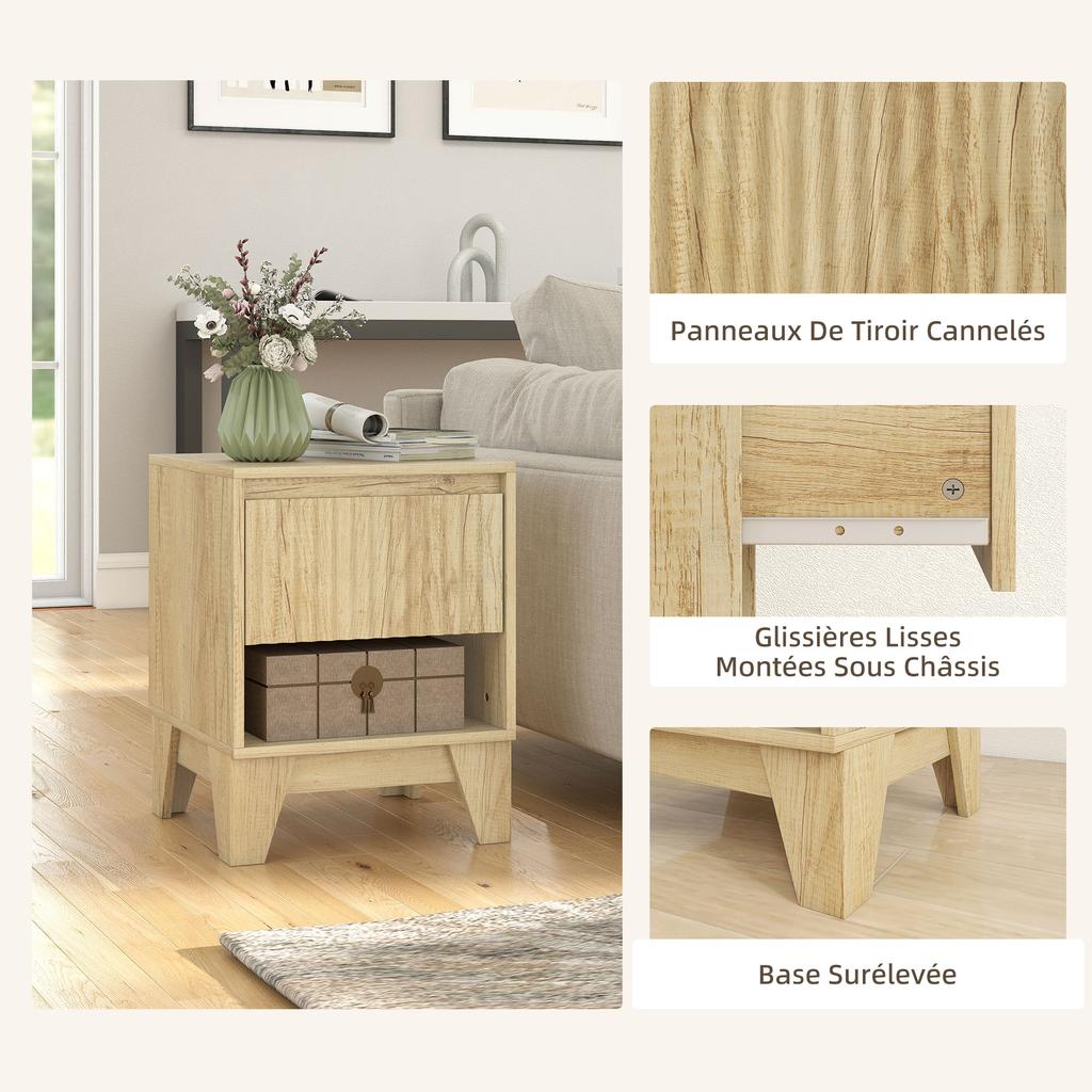 Set of 2 Narrow Nightstands, Open Compartment, 1 Drawer, Fluted Panels, 43x40x55 cm, Natural