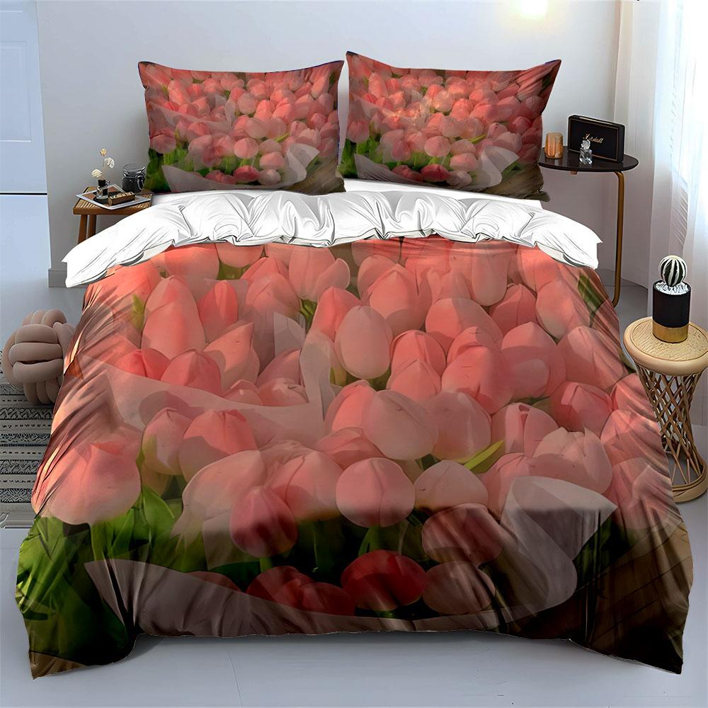 Pink tulips and leaves. Bedding sets Duvet cover sets Duvet covers Pillowcases(1*Duvet Cover 2*Pillowcases without duvet insert)