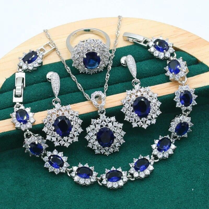Отличительные комплекты ювелирных изделий из серебра 925 пробы для женщин, свадебный браслет с радужным синим цирконием, серьги, ожерелье, кулон, кольцо, подарок на свидание