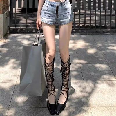 Летние новые женские дышащие сетчатые сапоги с отверстиями 2024 года, кожаные высокие рыцарские сапоги на каблуках выше колена, тонкие классные сапоги