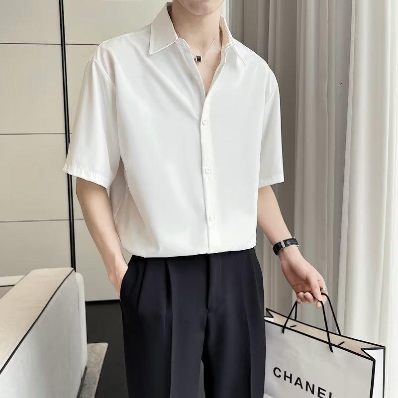 Мужская рубашка с коротким рукавом на пуговицах свободного кроя из ледяного шелка - корейский, гонконгский, японский стиль, большие размеры, не мнется