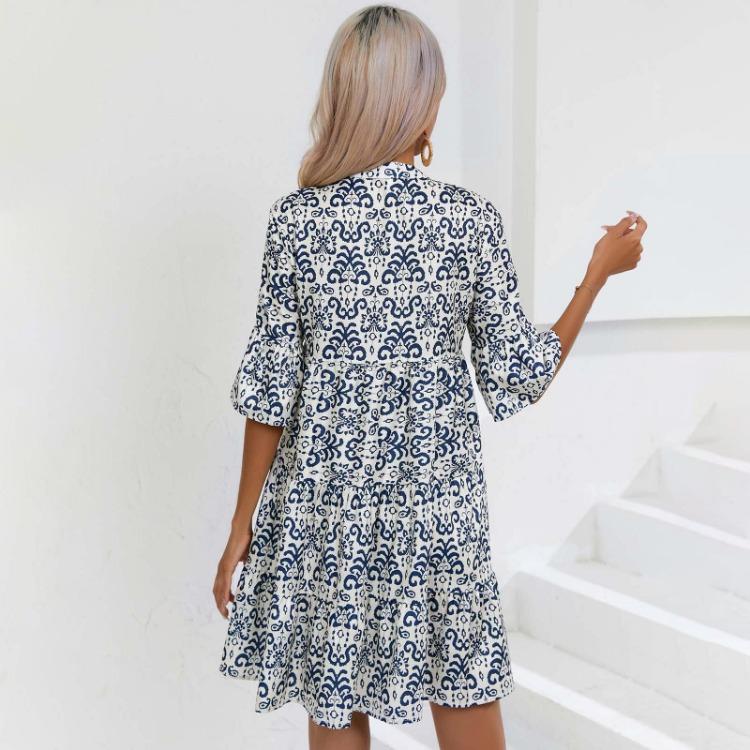 Женское летнее платье А-силуэта с высокой талией, коротким рукавом, этническим принтом и шнуровкой
