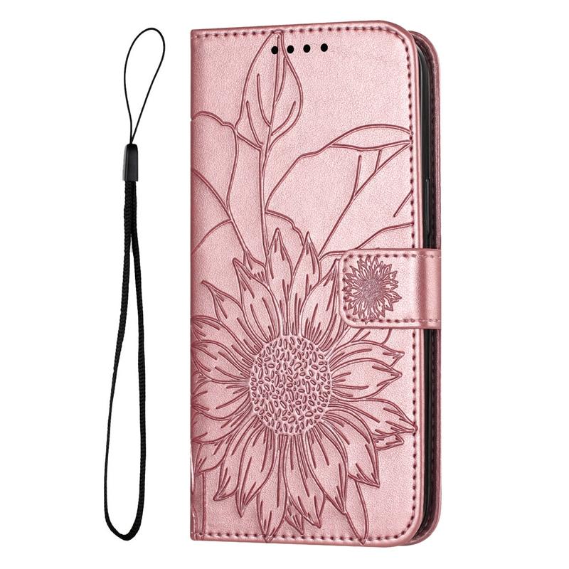 Embossed Sunflower PU Leather Card Holder Flip Cover for Samsung Xiaomi Redmi Huawei Honor Magnetic Hand-strap Wallet Case with Kickstand