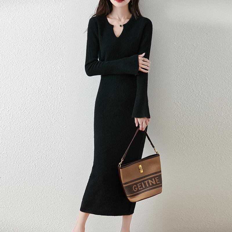 Женское платье-свитер 100% шерсть MODERN NEW SAGA V-образный вырез трикотажный длинный пуловер зимние джемперы шерстяное длинное платье женское