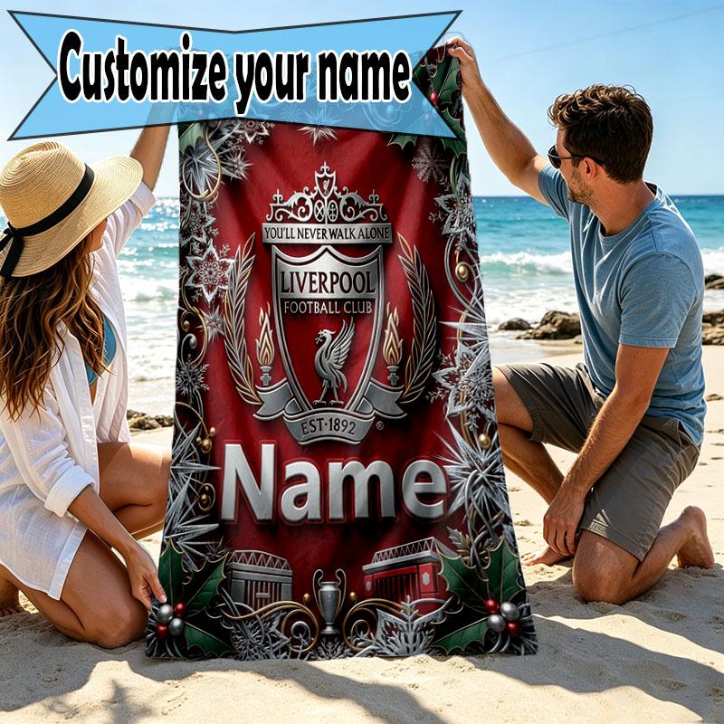 Custom Name Personalized Liverpool FC Print Beach Towel, for Trip Camping Beach Party Home Decor, Birthday Gift for Family & Friends