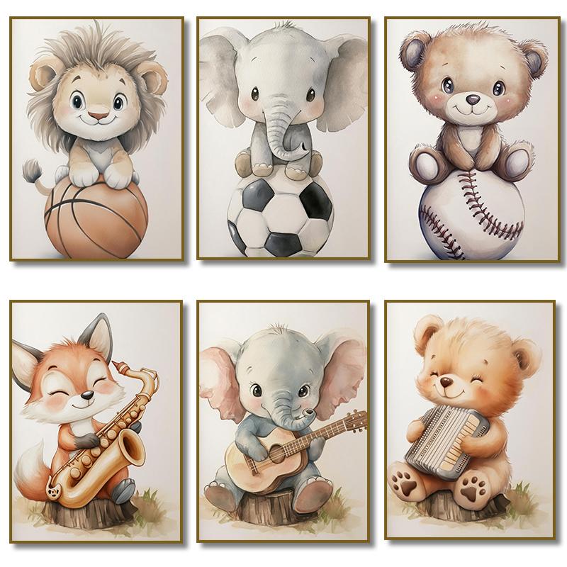 Watercolor Cute Animals Fox, Elephant, Bear, Playing Instruments Poster Canvas Painting Print Nursery Wall Art Home Decor
