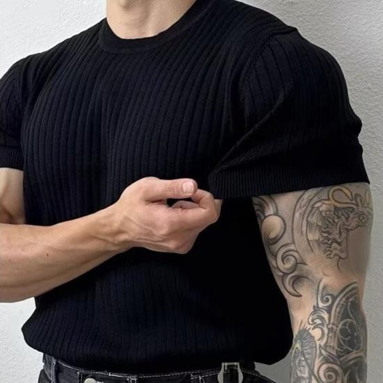 Мужская летняя спортивная футболка трикотажная эластичная эластичная футболка с круглым вырезом Slim Fit сплошной цвет пуловер с короткими рукавами для тренировок в тренажерном зале топ для тренировок