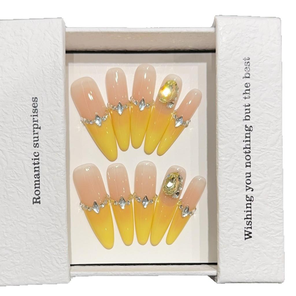 French Yellow Luxury Bling Diamond Handmade Medium-Long Blush Fake Nails