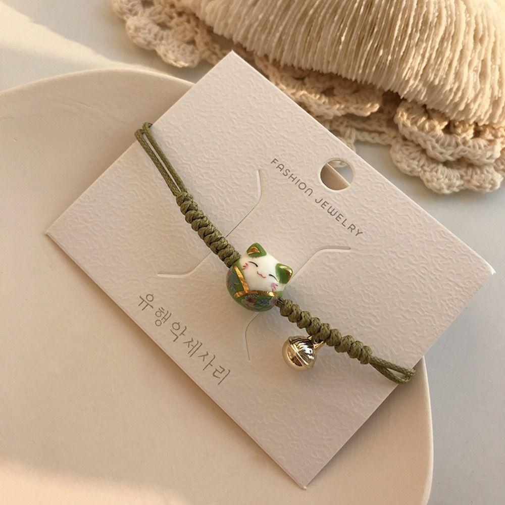 Ceramic Cat Pendant Chinese Style Jewelry Red Braided Rope Women Hand Ring Maneki Neko Bracelet