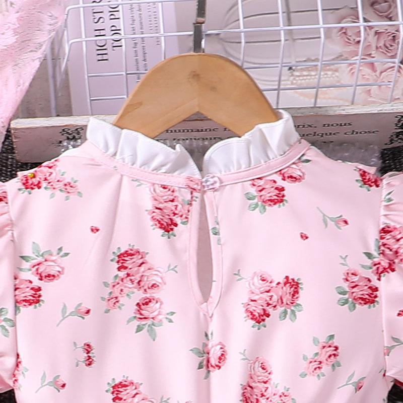 Лето 2024 г., розовое детское платье принцессы с короткими рукавами и принтом для девочек, одежда для девочек