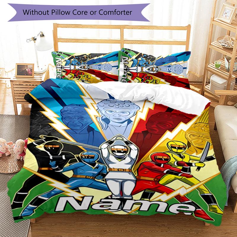 3pcs Custom Name Cartoon Mighty Morphin Power Rangers Bedding Set Duvet Cover Closure Includes 1 Duvet Cover & 2 Pillowcases for All Seasons Bedroom D