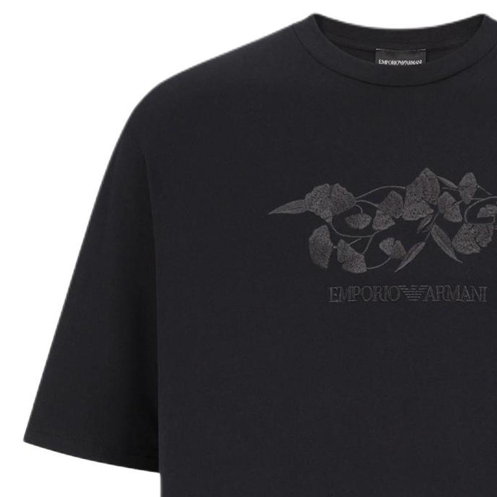 Emporio Armani Логотип-Буква Вышивка Гинкго Свободная Круглый Вырез Короткий Рукав Футболка Мужские топы Черный 3D1T9S-1J7FZ-0999