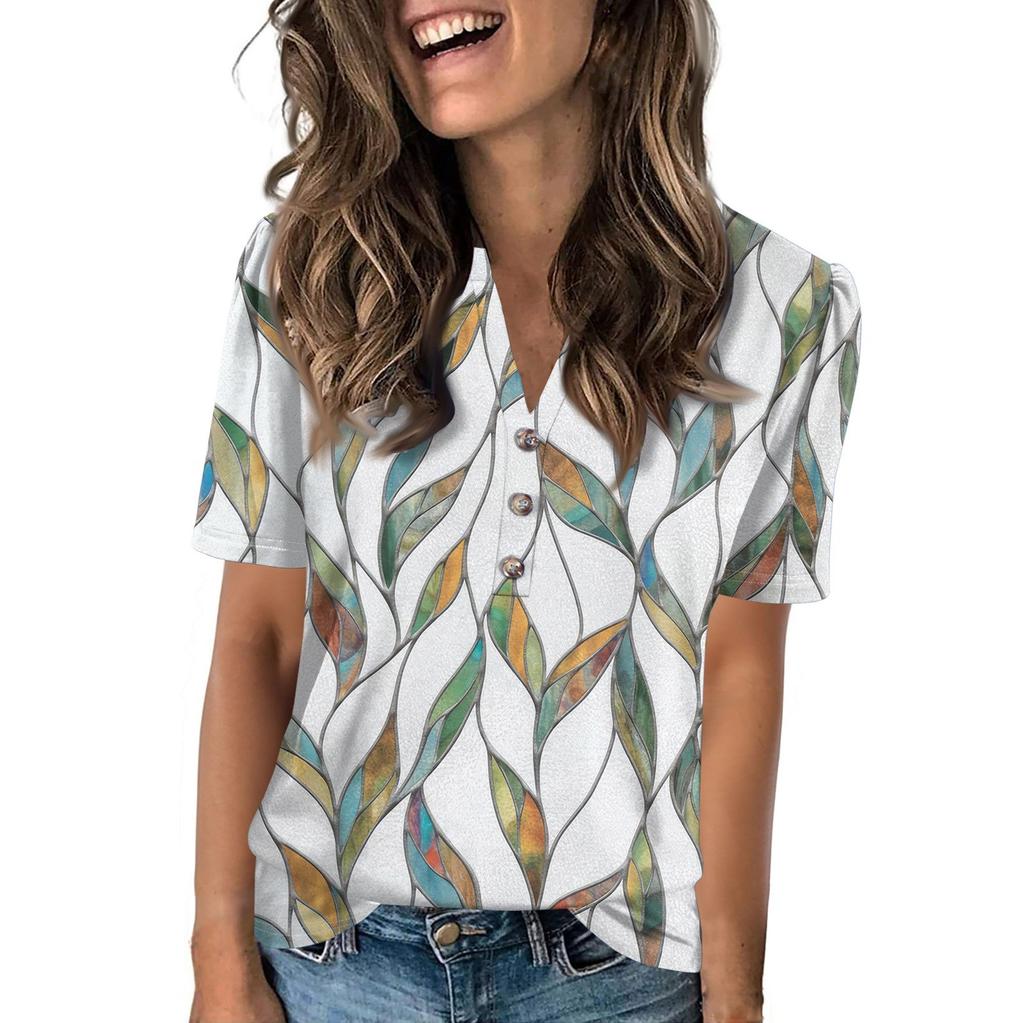 Women's Fashion Casual Flower Print V-neck Short Sleeve Button Up T-shirt Top