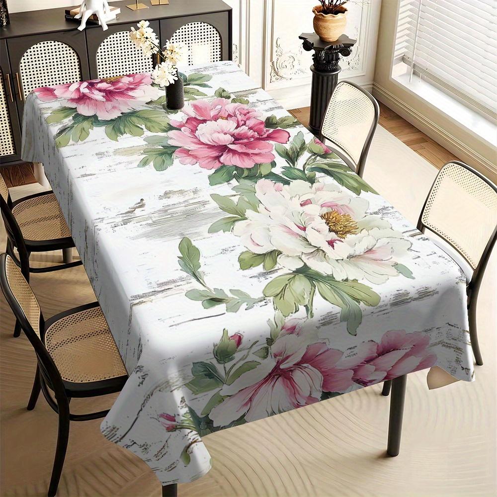 1pc Tablecover with Peony Pattern on White Background, Suitable for Home, Kitchen, Dining Room, Parties, Holidays - Indoor and Outdoor Use