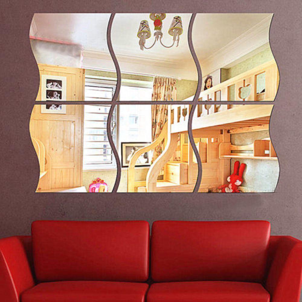 6Pcs Removable Acrylic 3D Wave Mirror Wall Sticker Home Decor Mural Decals